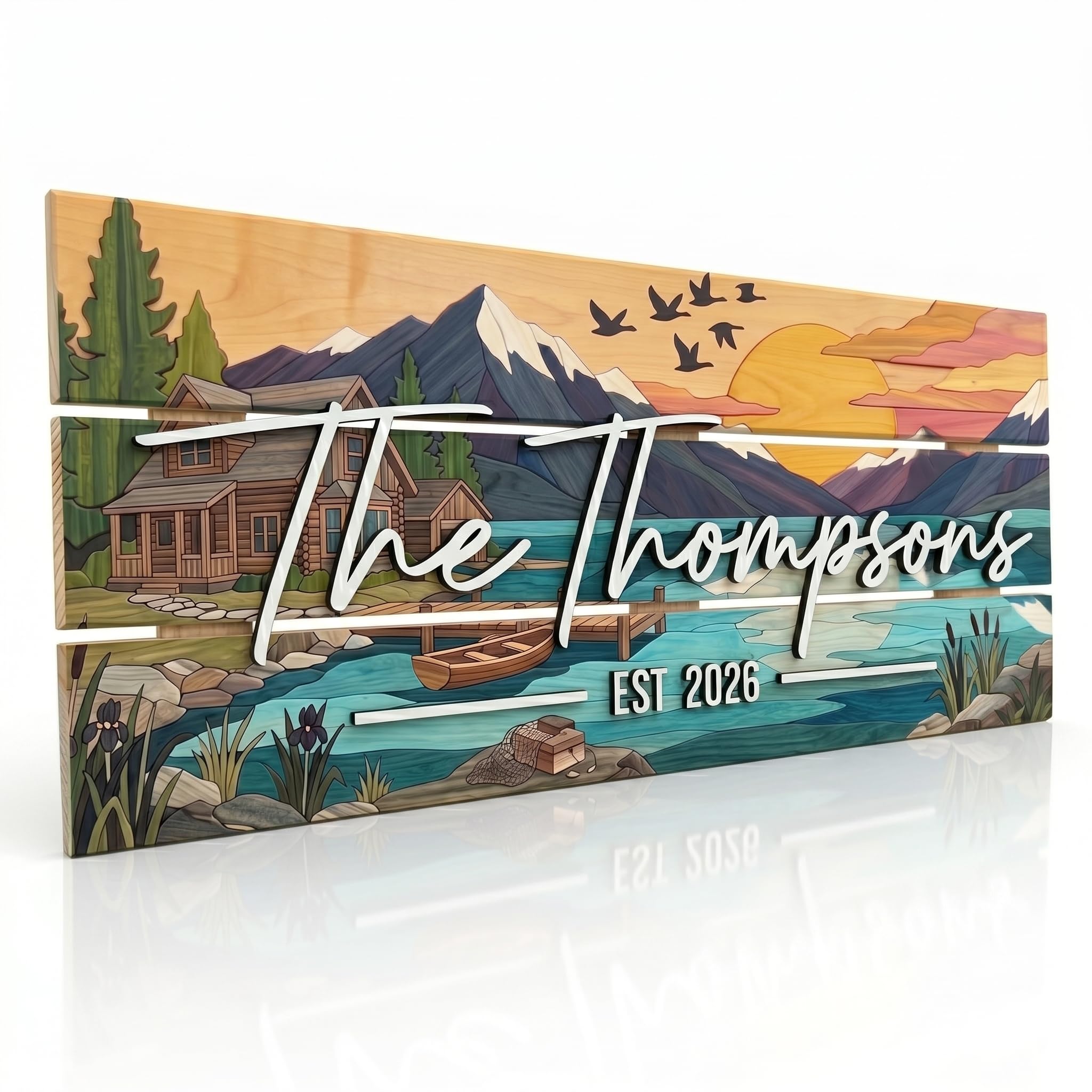 Personalized family name wood sign in a lakeside villa design