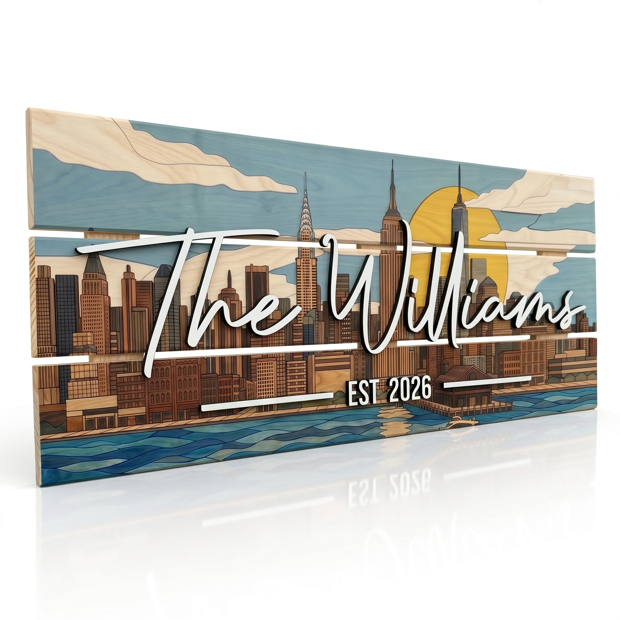 Personalized family name wood sign with a modern NYC skyline design