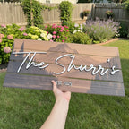Personalized cabin sign detail – layered wood mountains and custom name