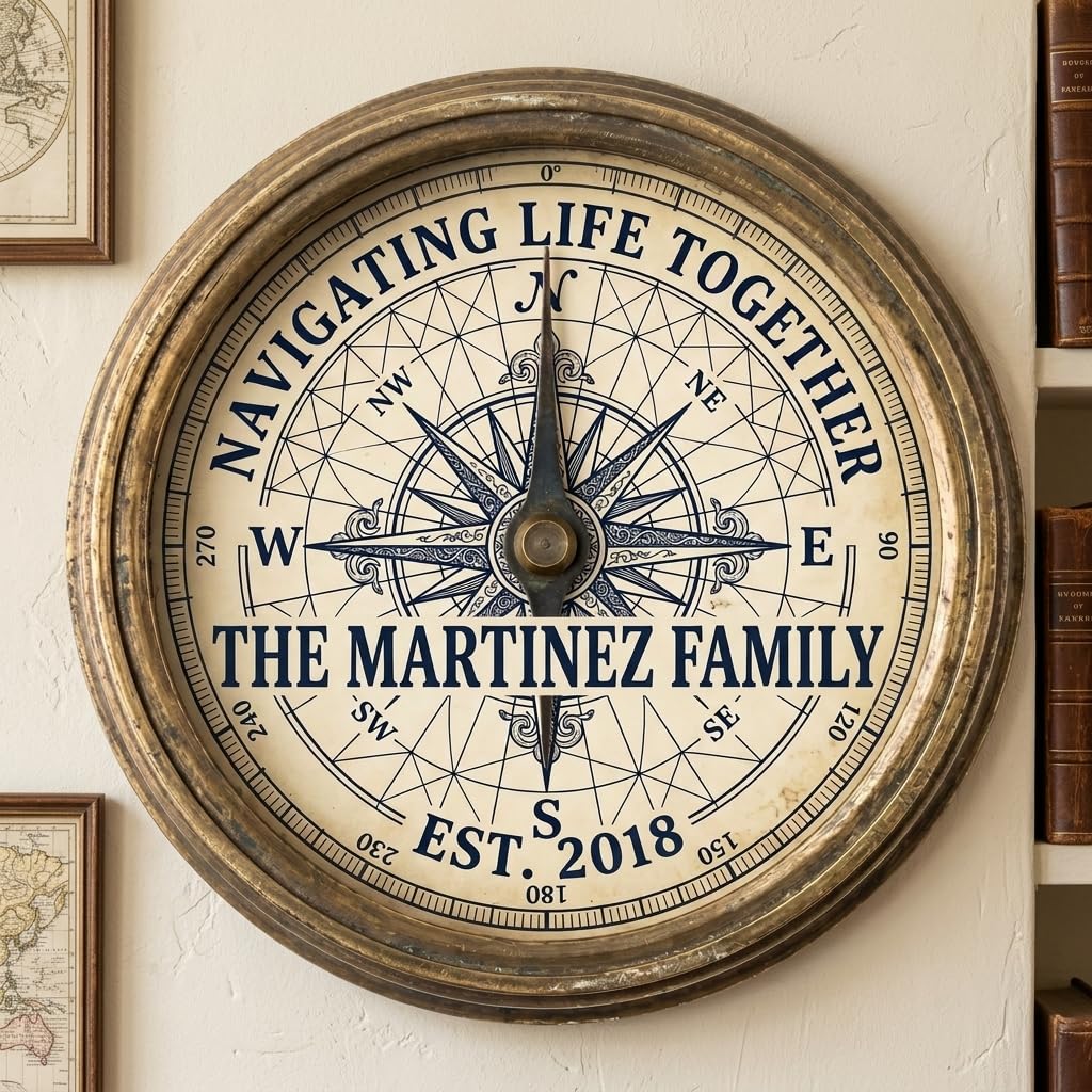 Personalized family name wood sign with nautical compass design and raised 3D lettering