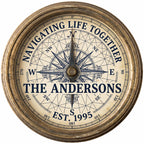 Custom last name sign with nautical compass rose hung on living room wall