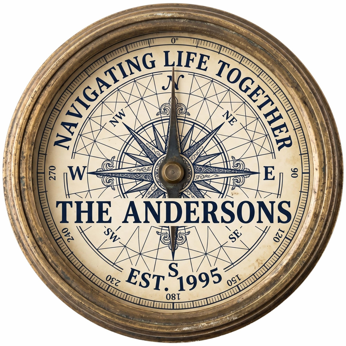 Custom last name sign with nautical compass rose hung on living room wall
