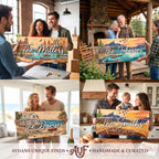 Personalized family name sign detail showing raised 3D lettering on wood