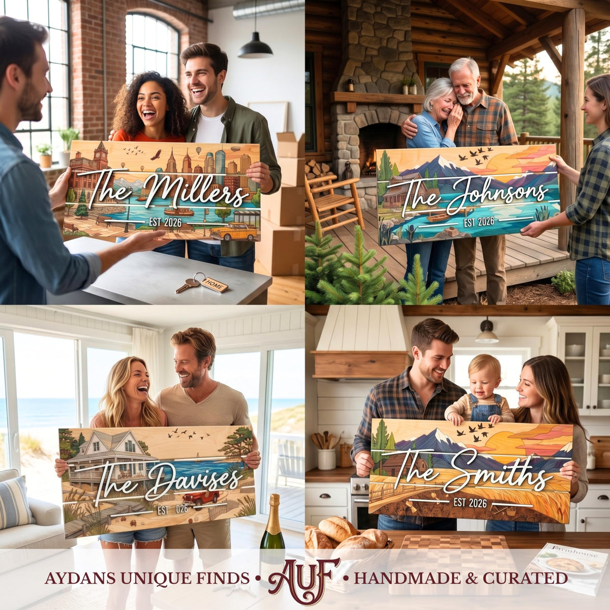 Personalized family name sign detail showing raised 3D lettering on wood