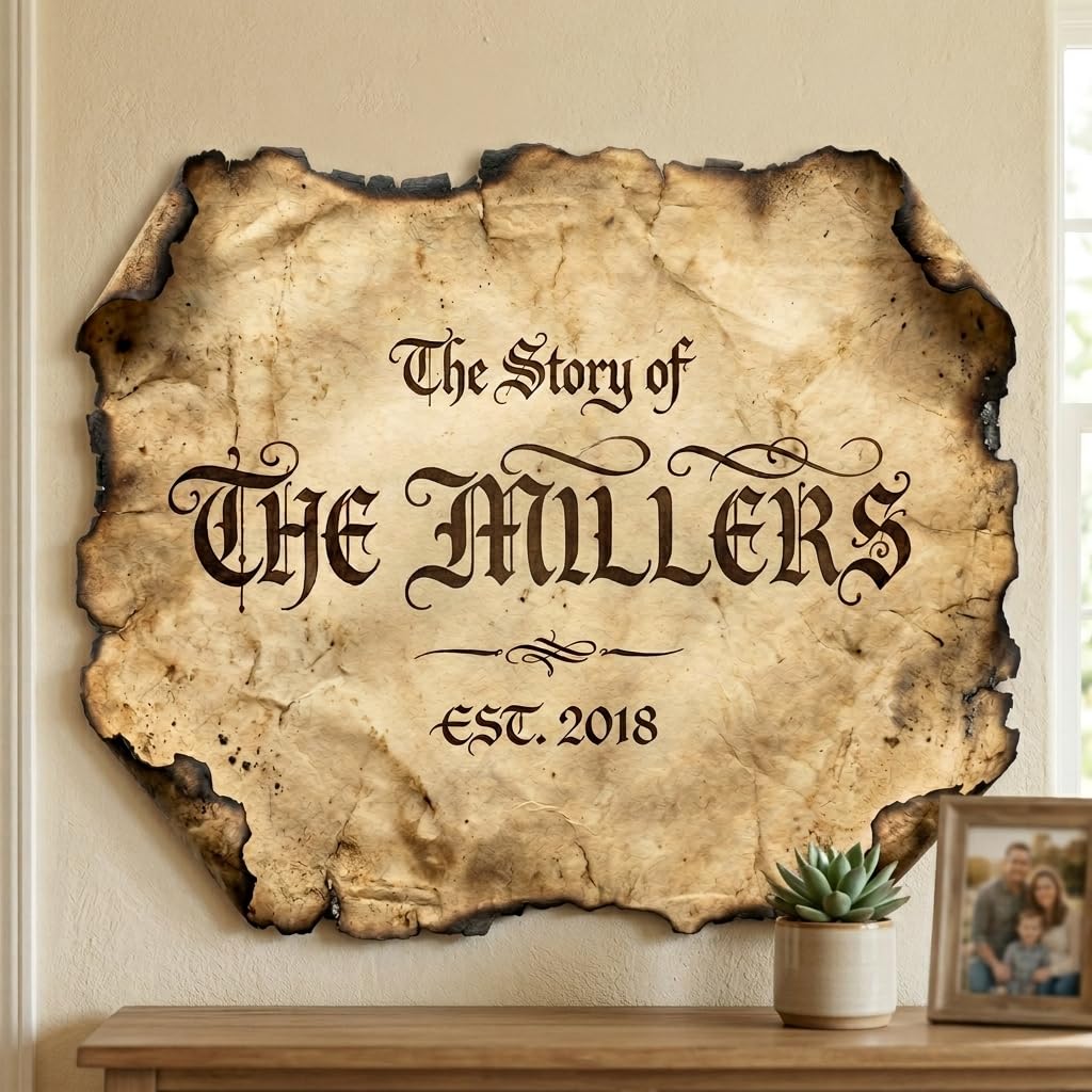 Custom parchment family sign as housewarming and wedding gift