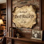 Personalized family name wood sign with aged parchment texture and raised 3D lettering