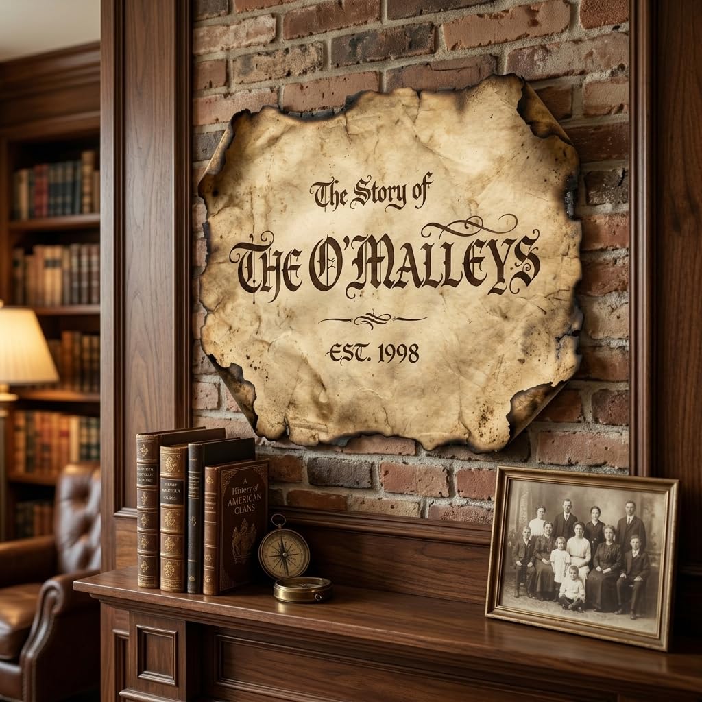Personalized family name wood sign with aged parchment texture and raised 3D lettering