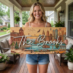 Custom rustic NYC skyline family name wood sign hung as living room wall decor