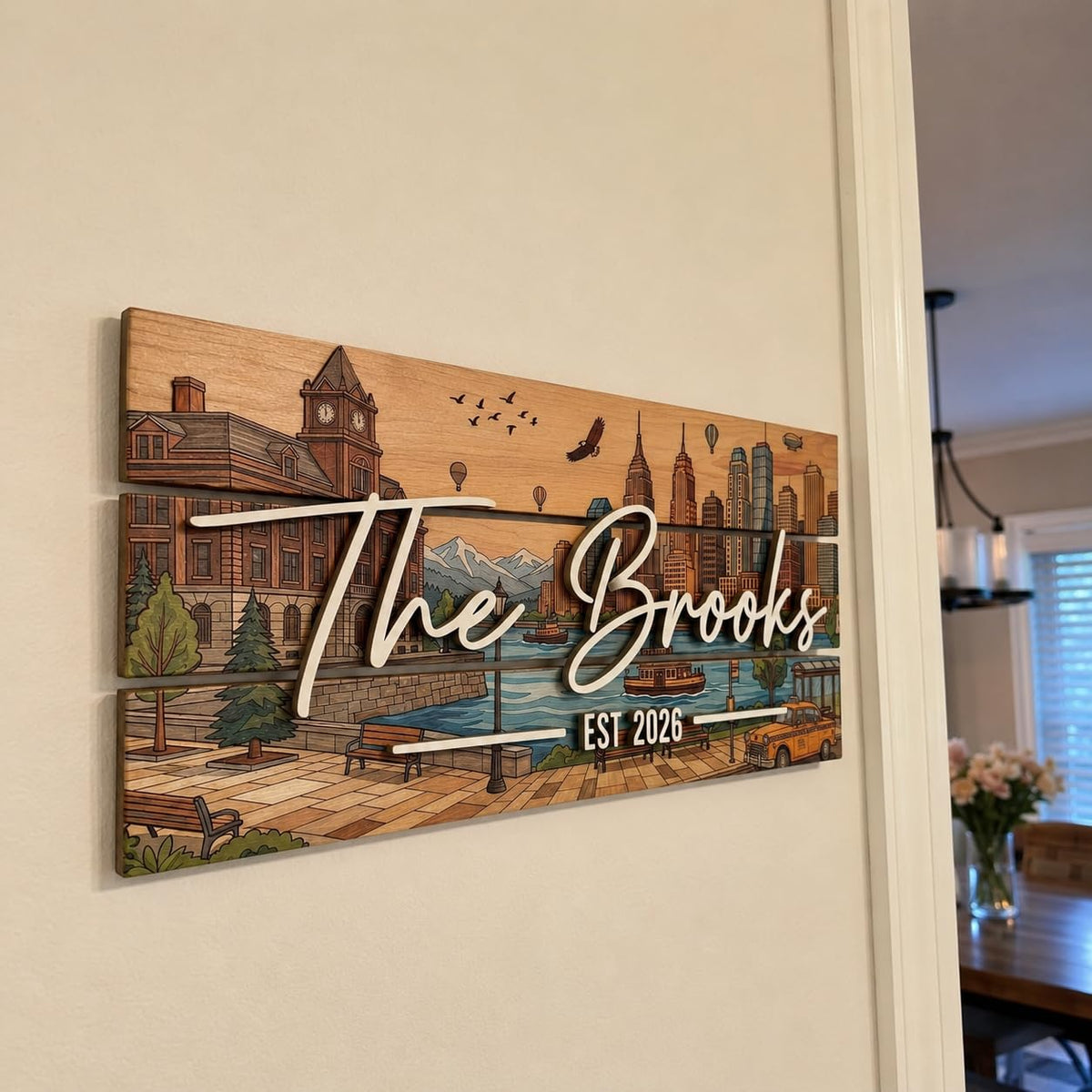 Rustic NYC skyline family sign detail with raised lettering and established year