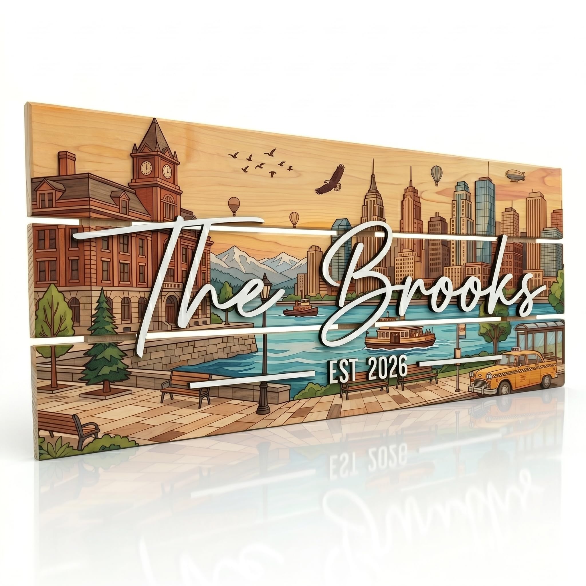 Personalized rustic NYC skyline pallet style family name sign in solid wood