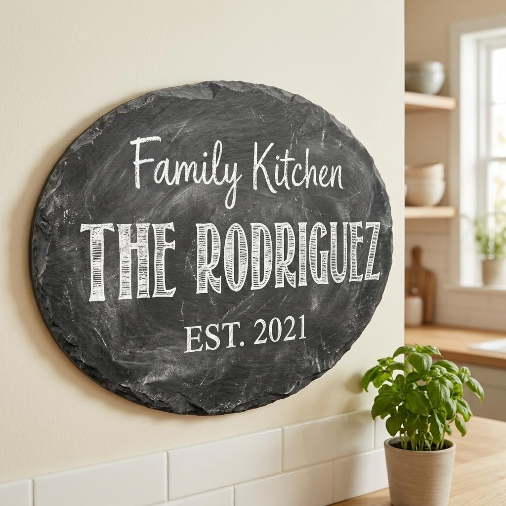 Personalized family name wood sign with dark slate stone texture and raised 3D lettering