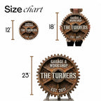 Steampunk family name sign detail showing raised white lettering and established year