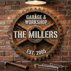 Personalized family name wood sign with steampunk gear design and raised 3D lettering