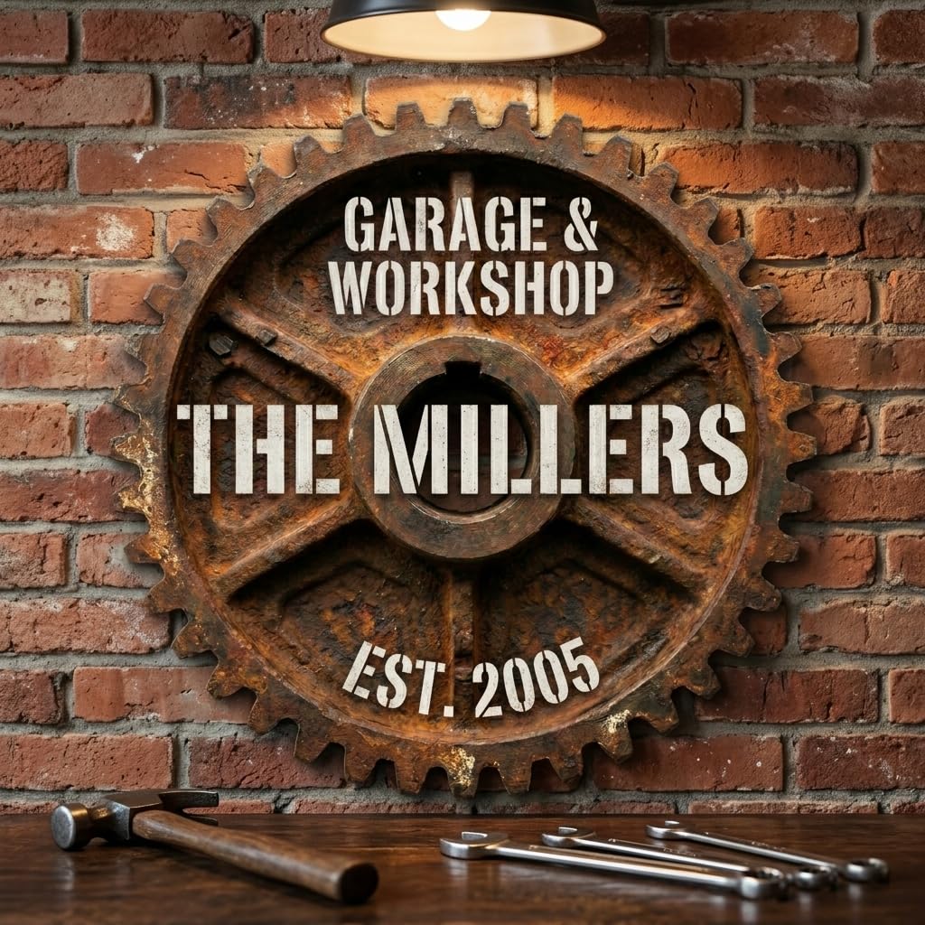 Personalized family name wood sign with steampunk gear design and raised 3D lettering