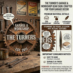Custom last name sign with steampunk gears hung on living room wall