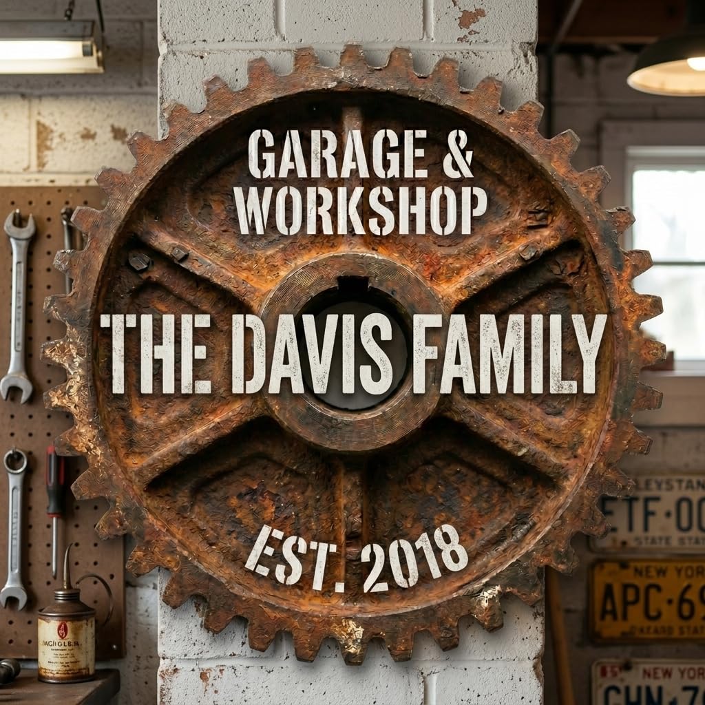 Handmade steampunk gear name sign in solid wood ready to hang