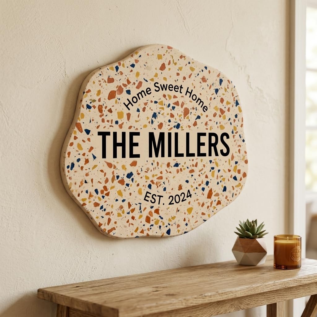 Personalized family name wood sign with terrazzo speckled texture and raised 3D lettering