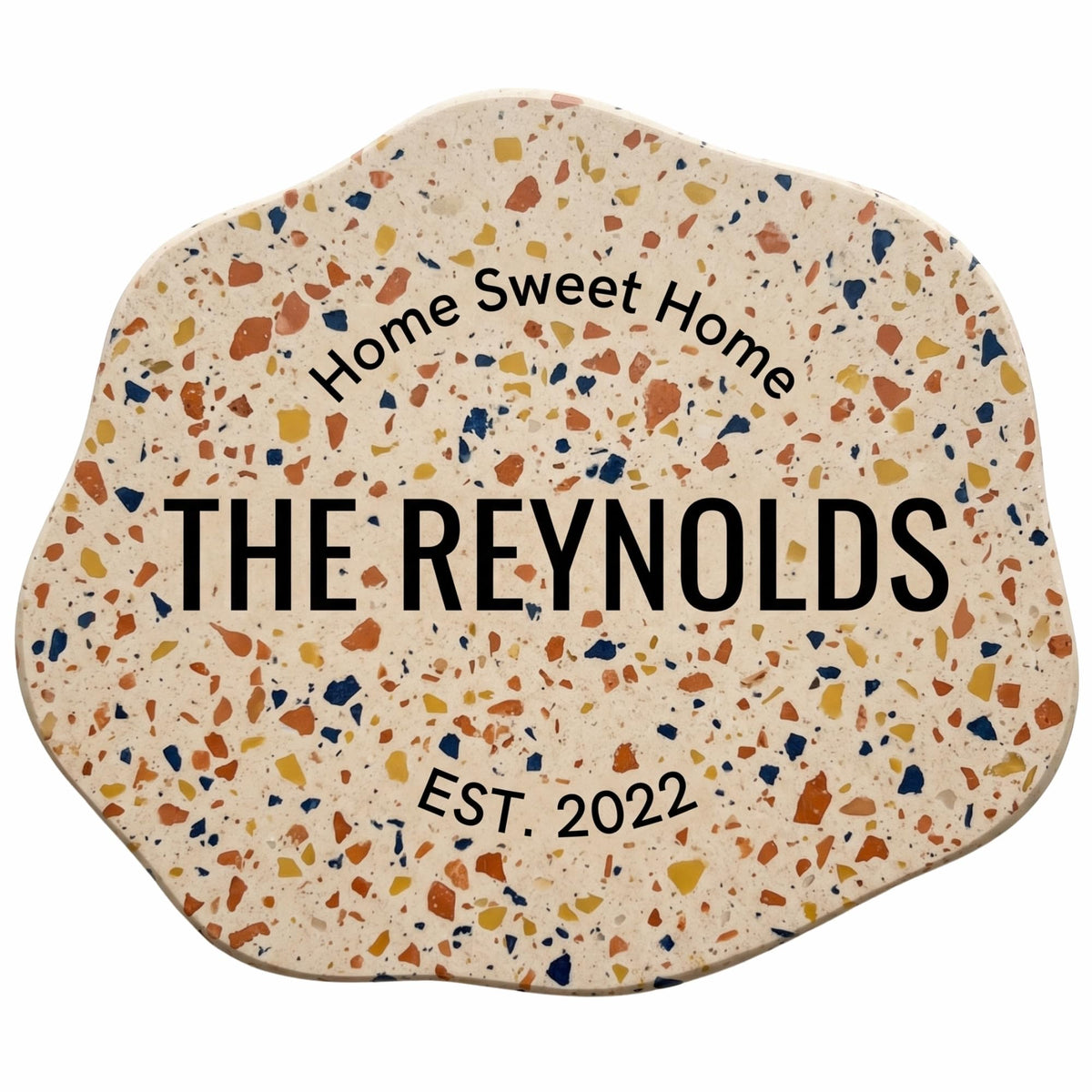 Personalized terrazzo wood wall art with custom family name for modern entryway