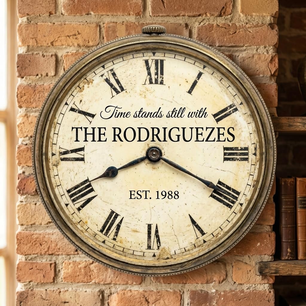 Personalized family name wood sign with vintage clock face design and raised 3D lettering