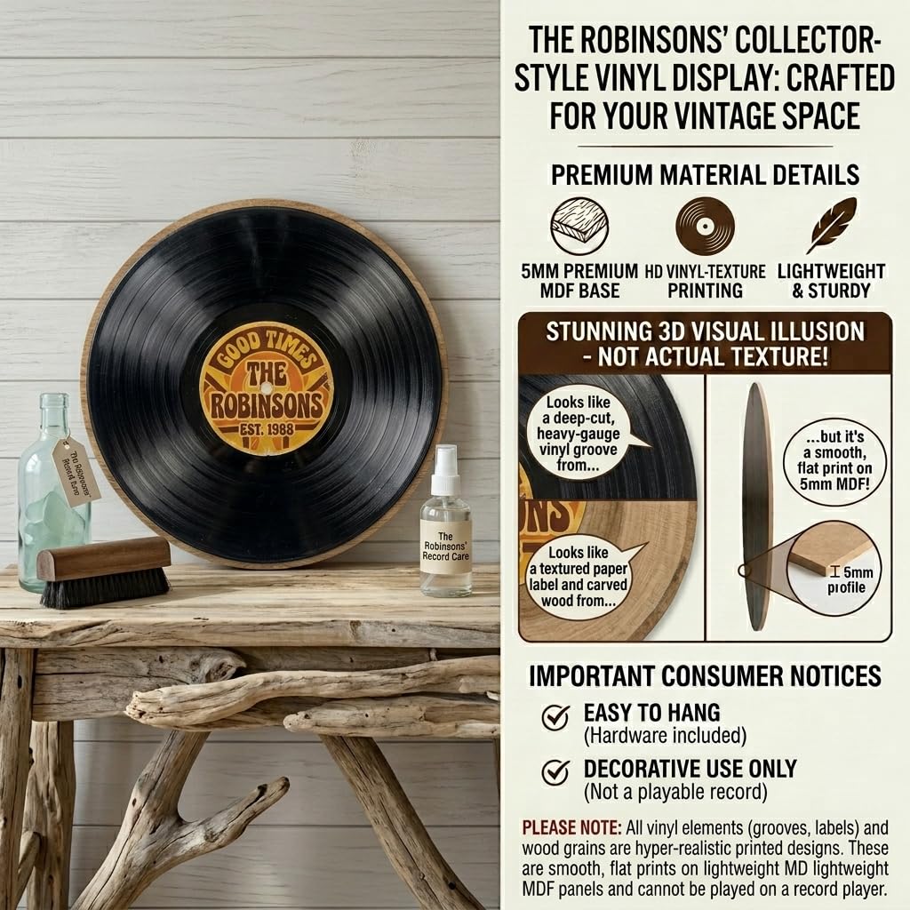 Vinyl record family name sign detail showing raised white lettering and established year