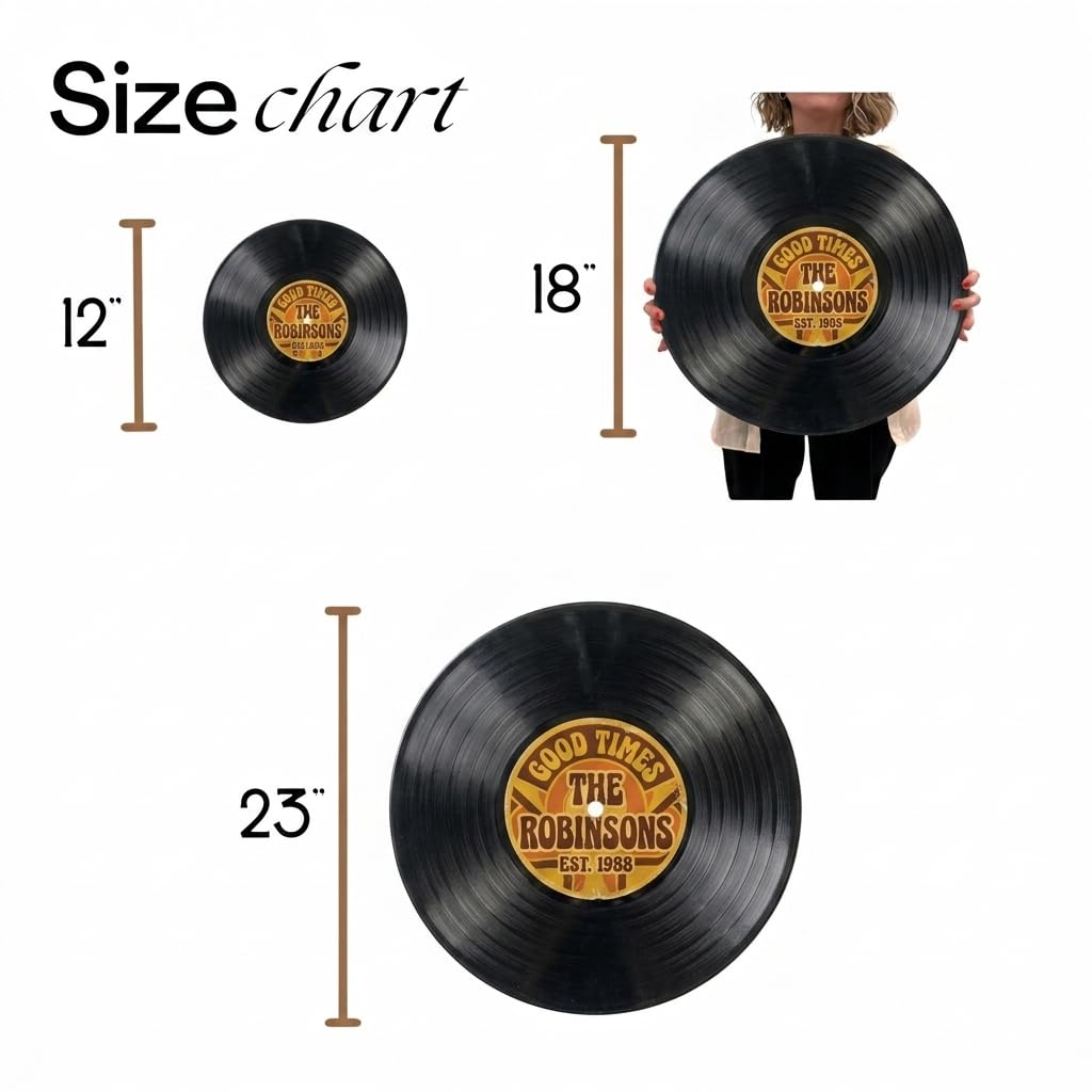 Custom last name sign with vinyl record hung on living room wall