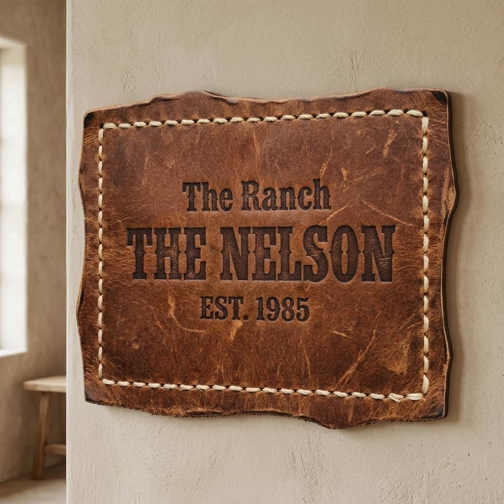 Custom last name sign in western leather finish hung on living room wall