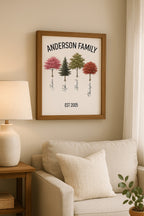 Family tree glass art showing three generations of names on branches