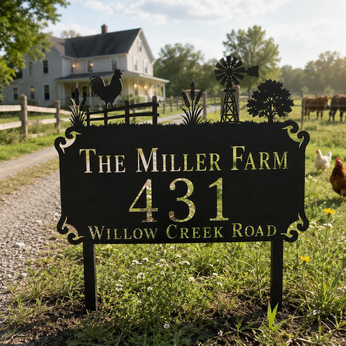 Custom farmhouse house number sign displayed beside front door entryway