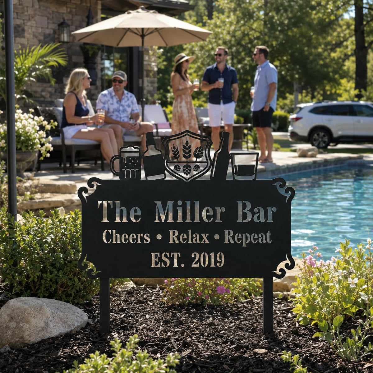 Personalized outdoor address sign for home bar in matte black steel finish
