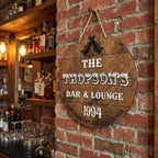 Personalized bar sign detail – raised 3D lettering and stained wood finish