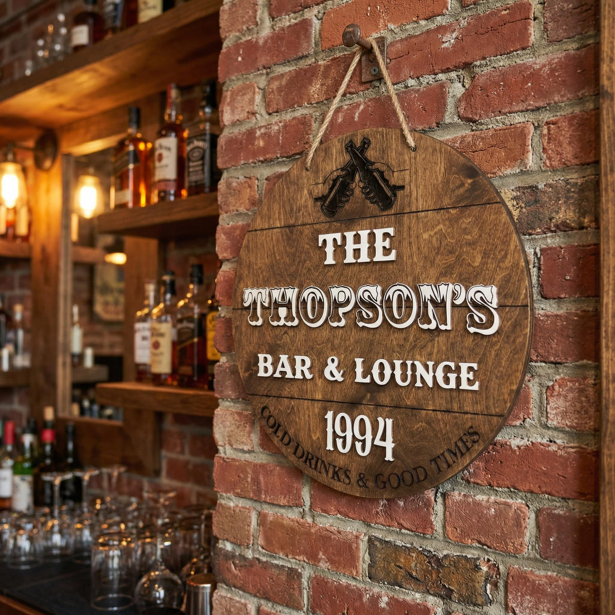 Personalized bar sign detail – raised 3D lettering and stained wood finish
