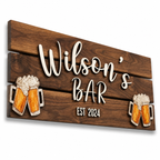 Personalized wood bar sign displayed in home bar – custom family name decor