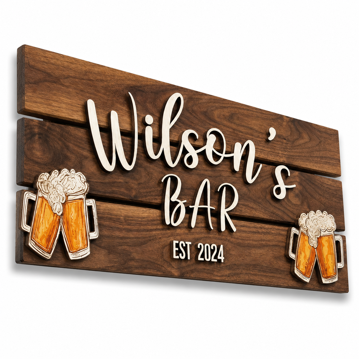 Personalized wood bar sign displayed in home bar – custom family name decor
