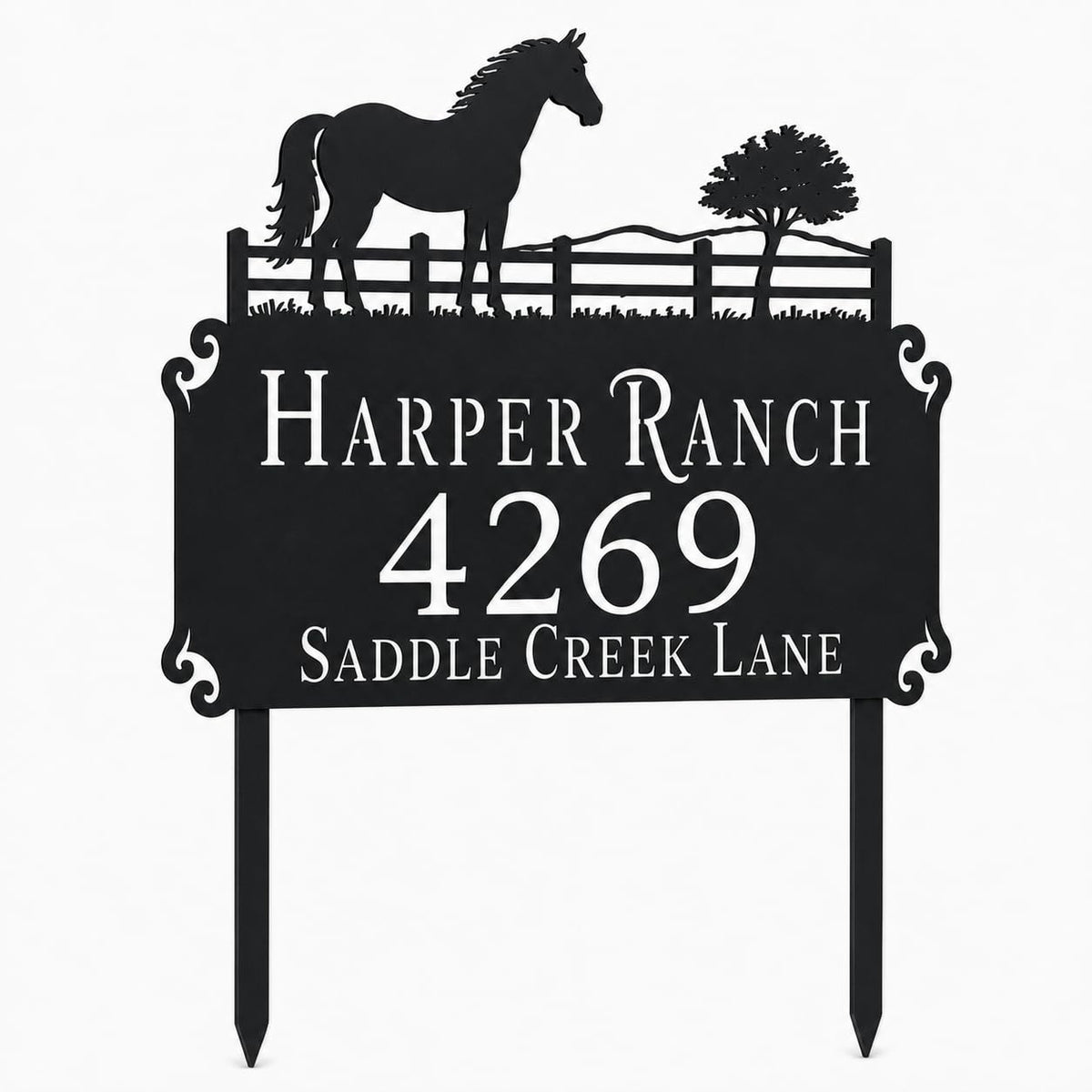Custom laser cut horse ranch address sign in durable outdoor steel