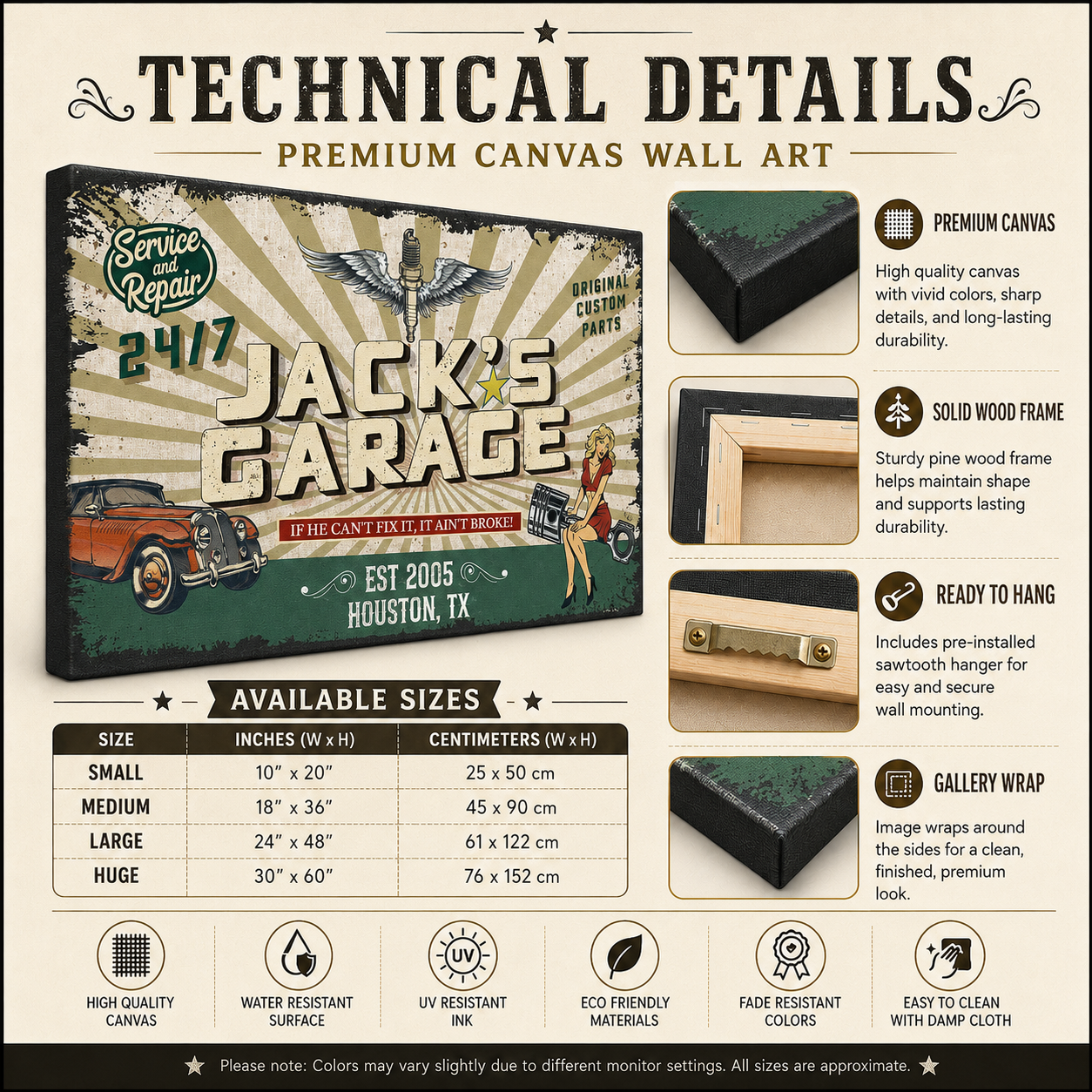 Premium garage canvas wall art – technical details and size guide