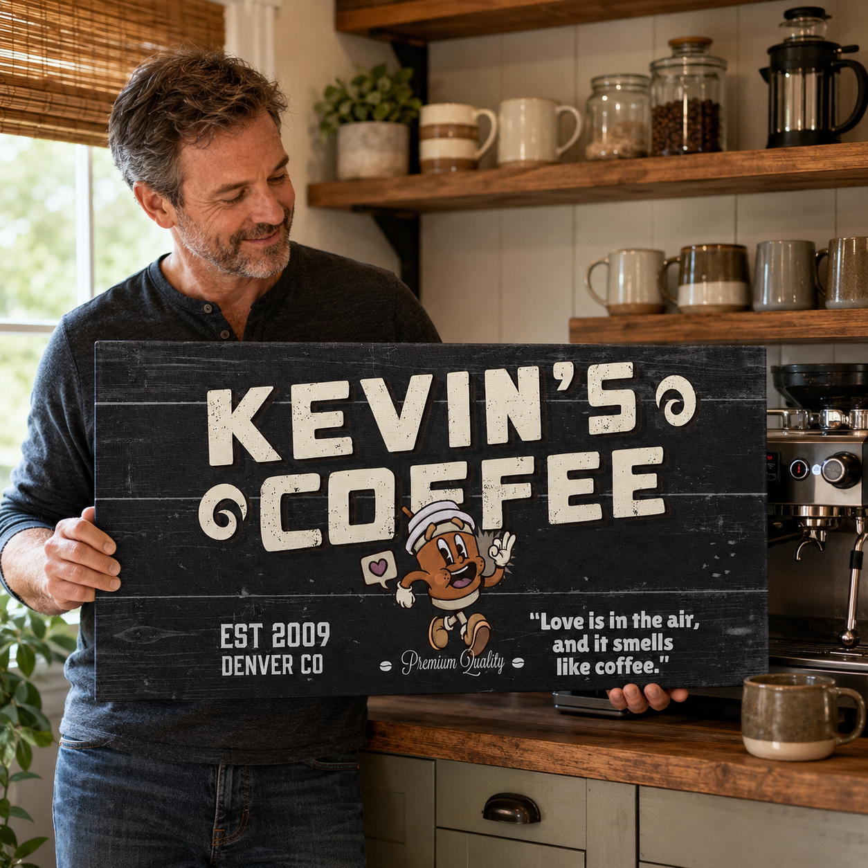 Custom coffee bar canvas held in hand – personalized kitchen decor