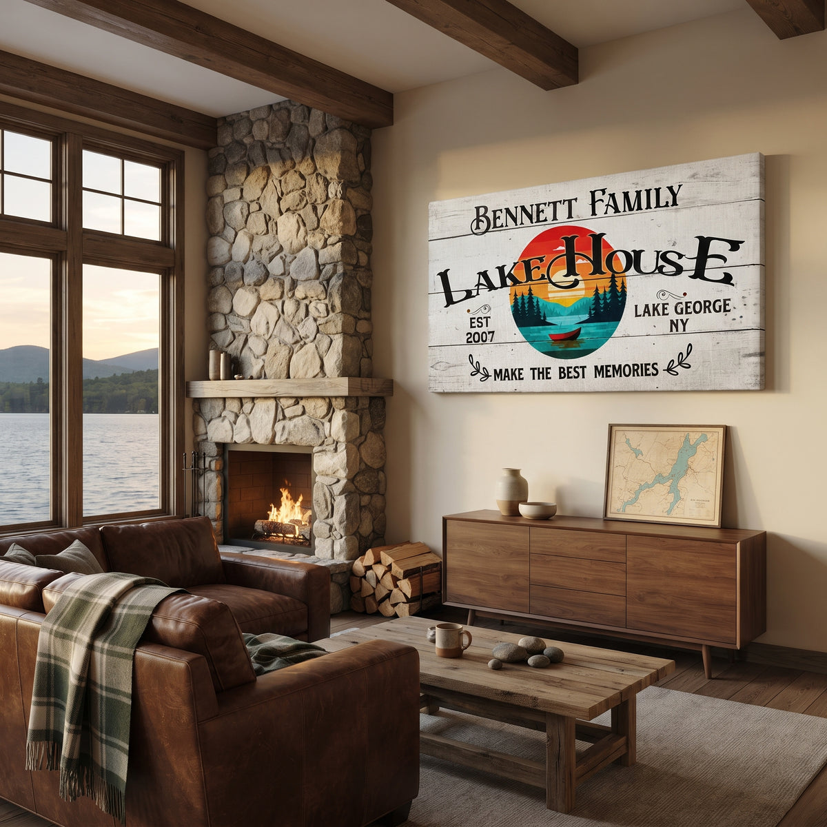 Lakehouse family name canvas , personalized rustic housewarming gift