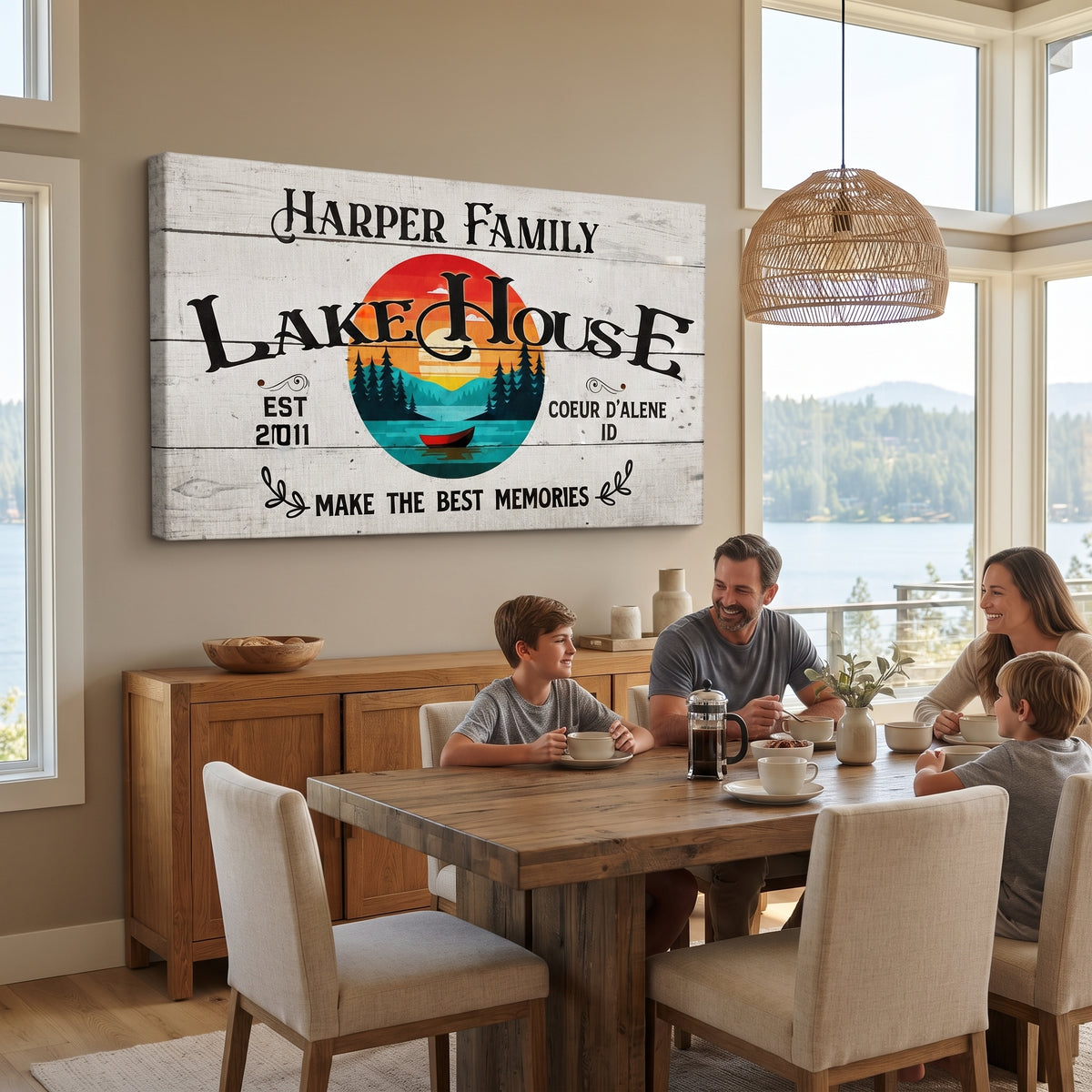 Personalized lake house canvas print shown in cabin interior