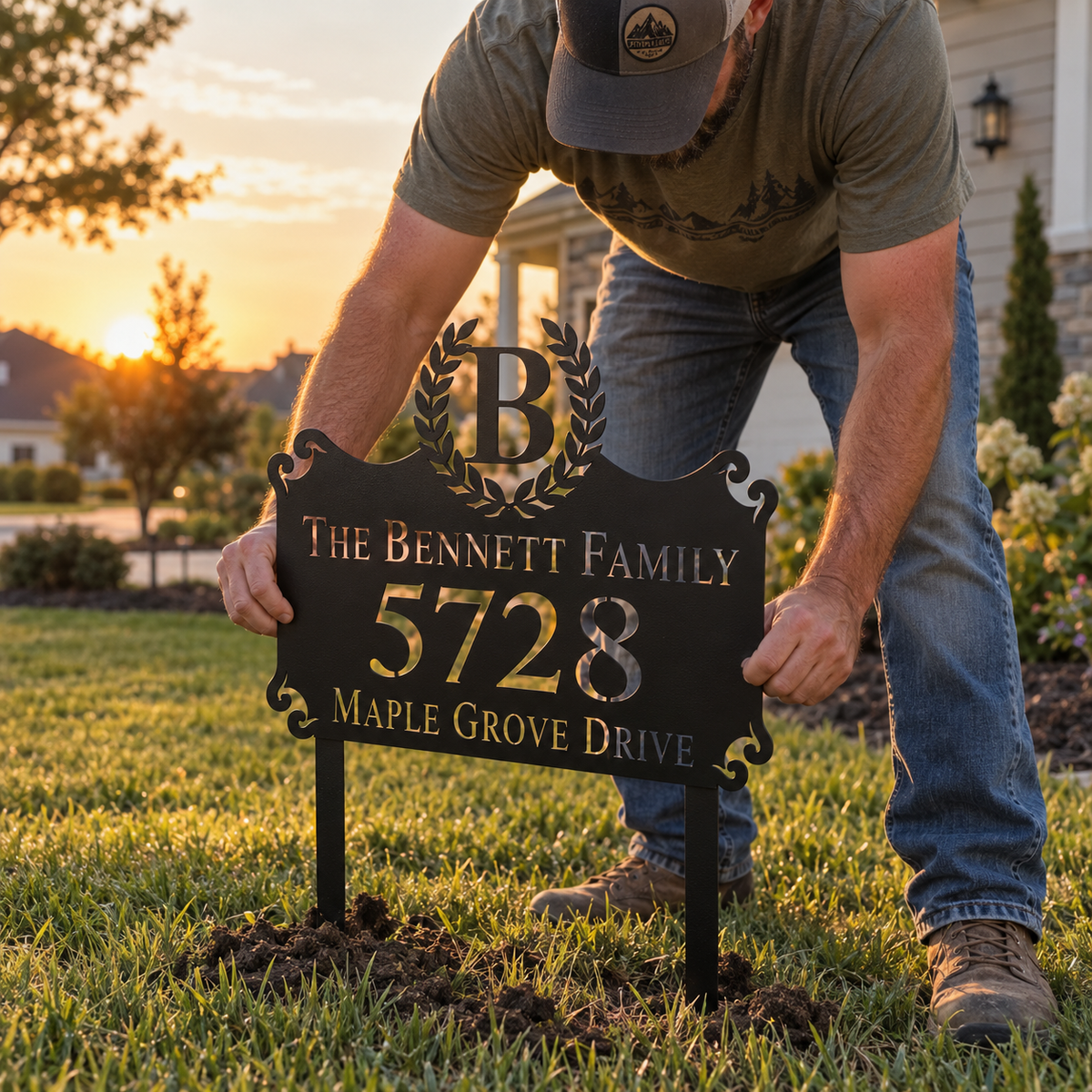 Laurel Monogram metal address sign for yard with family name and house number, view 4