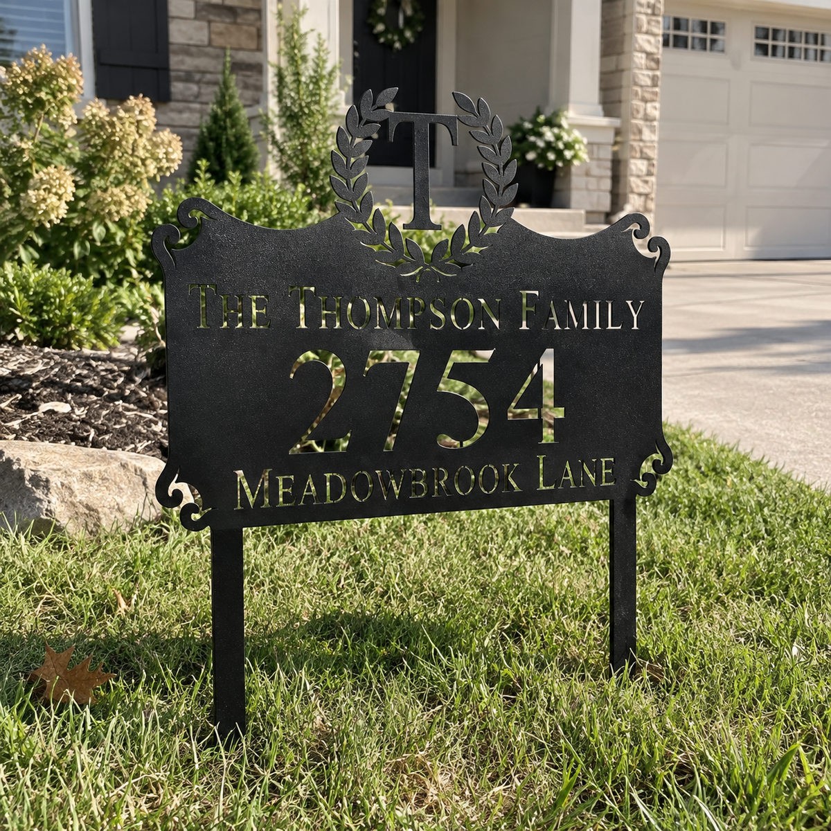 Laurel Monogram metal address sign for yard with family name and house number, view 3