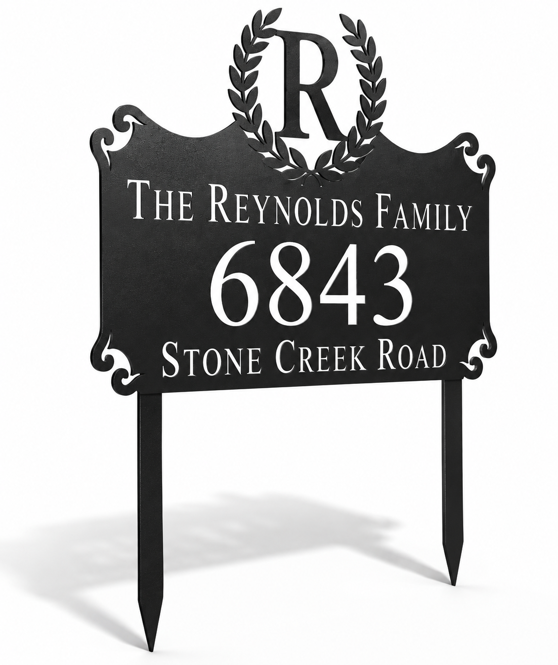 Laurel Monogram metal address sign for yard with family name and house number