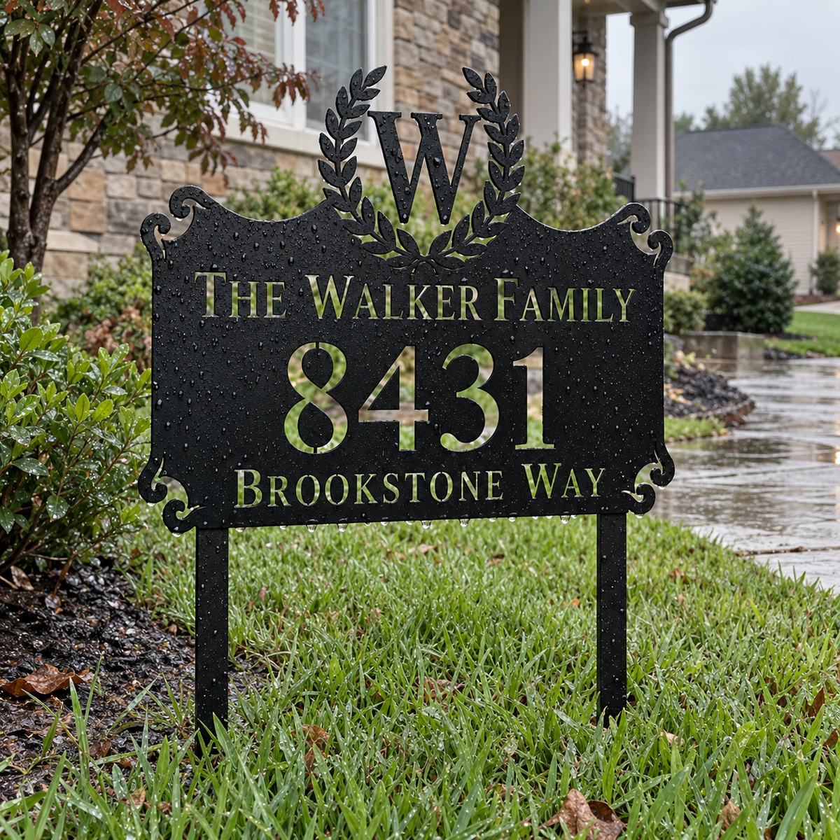 Laurel Monogram metal address sign for yard with family name and house number, view 6