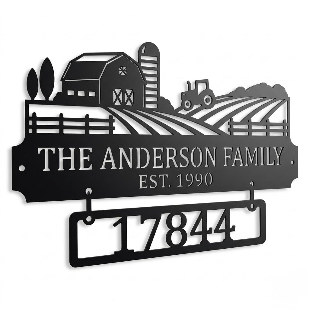 Personalized metal farm name sign with tractor and barn design – rustic wall decor
