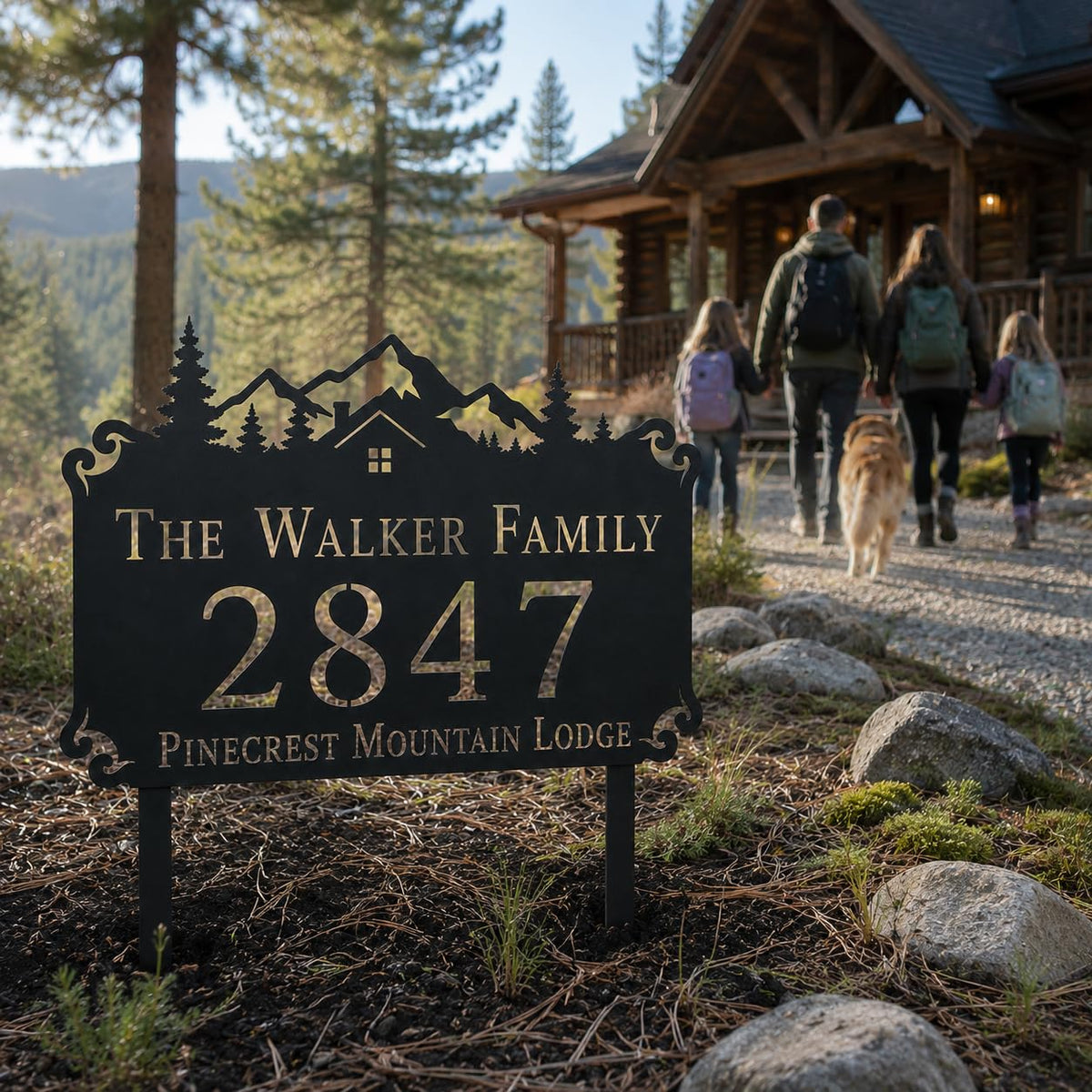 Personalized mountain cabin metal address sign with custom house number and family name