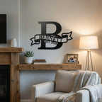 Metal banner name sign detail – personalized est year ribbon