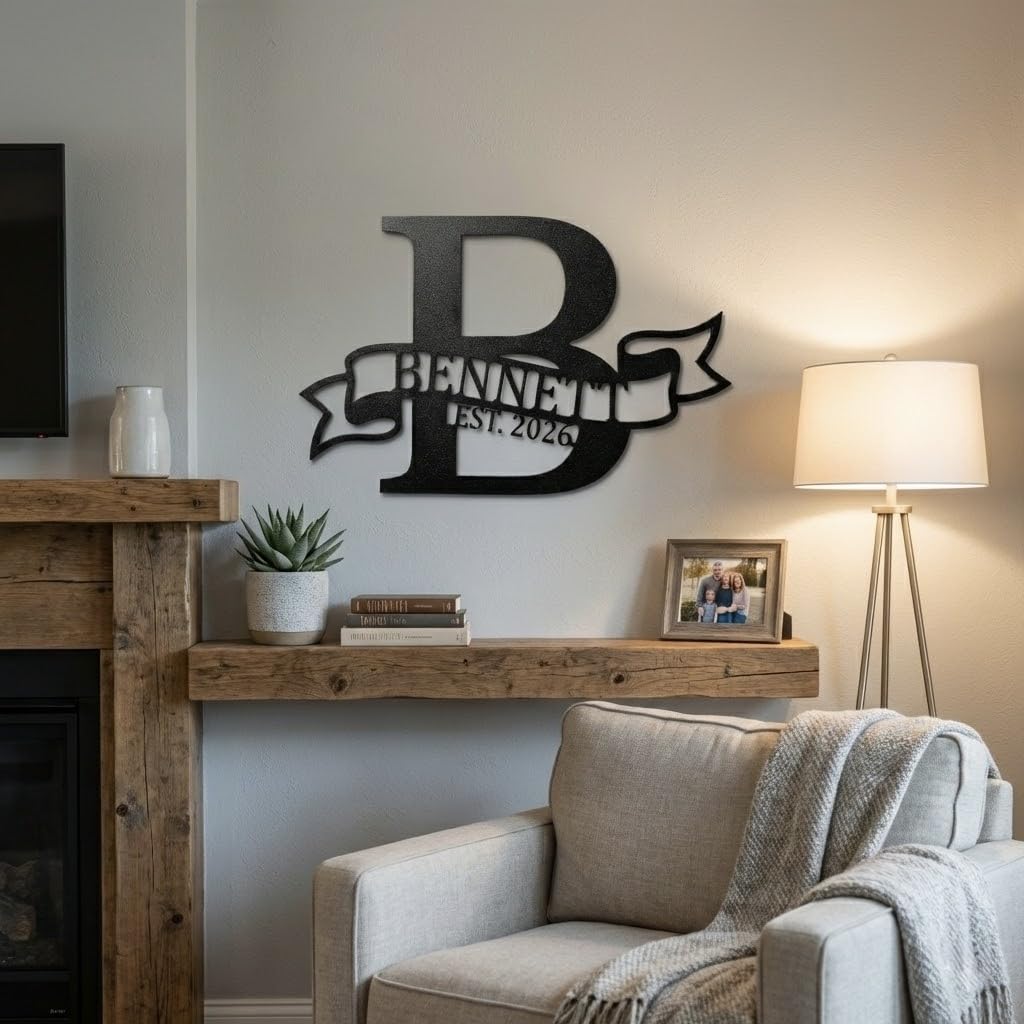 Metal banner name sign detail – personalized est year ribbon