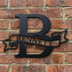 Custom banner monogram steel sign – traditional family crest look
