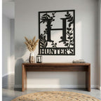 Botanical metal name sign detail – custom laser cut leaves