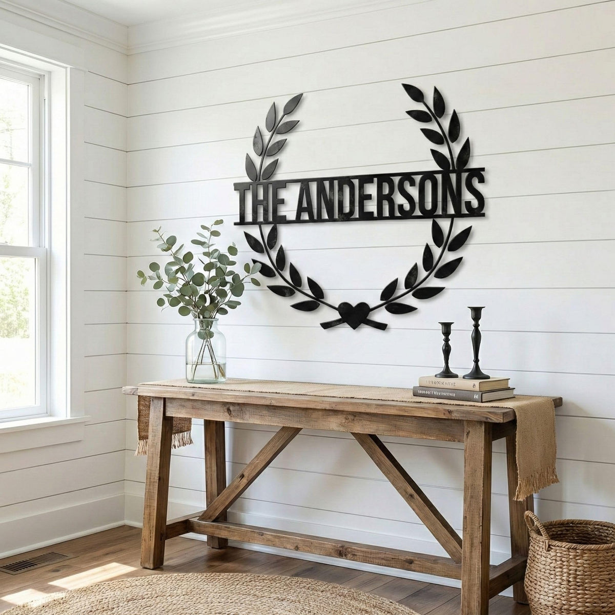 Laurel wreath monogram steel wall art – custom couple gift
