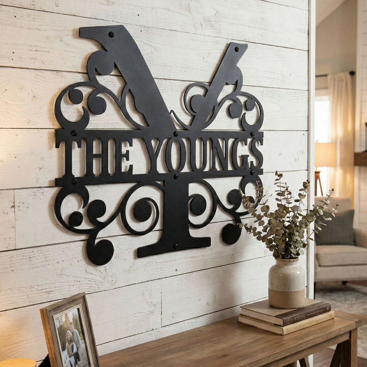 Custom metal monogram family sign – elegant symmetrical flourish design